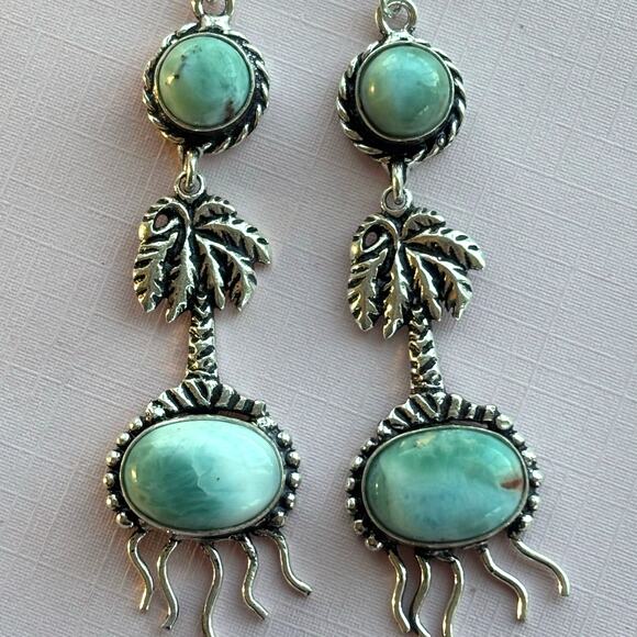 925 Silver Larimar Palm Tree Dangle Earrings - Picture 3 of 6